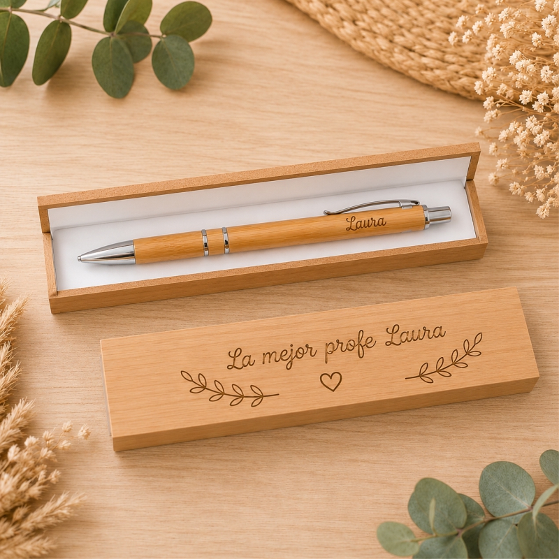 Cajita boligrafo bambu profe